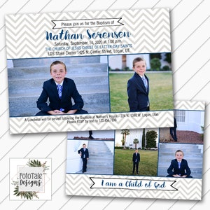LDS Baptism Invitation - Navy and Gray Chevron - 5x7 LDS Baptism Card Printable - Will Customize and Email within 24 hours