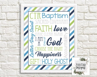 LDS Baptism Word Art Wall Art Print - 8x10 and 11x14 LDS Baptism Print PDF File Navy Blue Lime Green -Instant Download- Can Customize