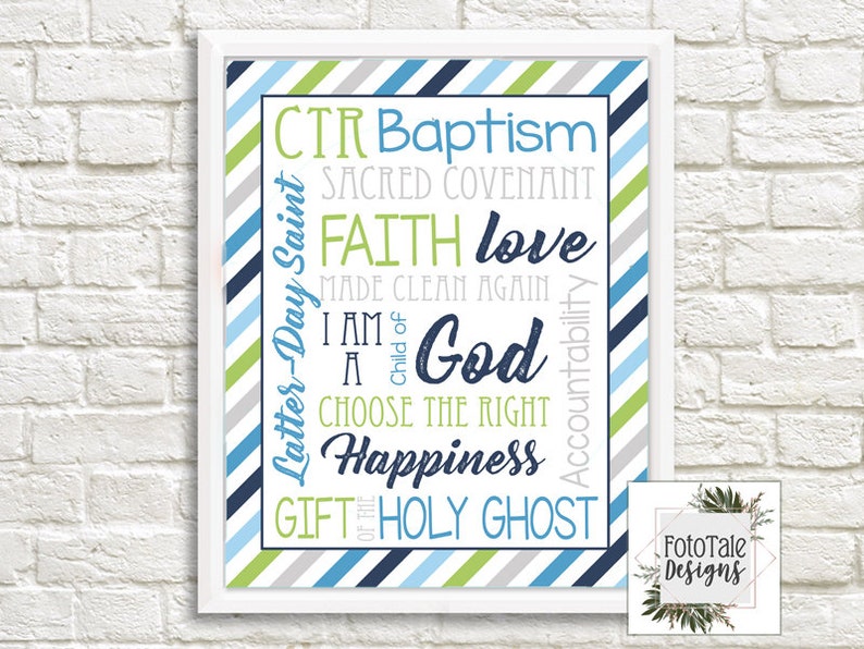 LDS Baptism Word Art Wall Art Print 8x10 and 11x14 LDS Baptism Print PDF File Navy Blue Lime Green Instant Download Can Customize image 1