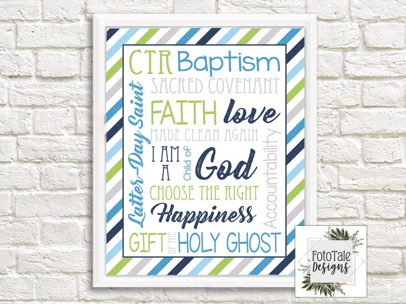 LDS Baptism Word Art Wall Art Print - 8x10 and 11x14 LDS Baptism Print PDF File Navy Blue Lime Green -Instant Download- Can Customize
