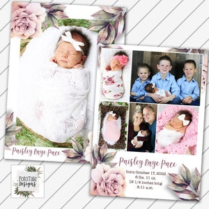 CUSTOMIZED Baby Announcement - Blossom Birth Announcement 3- Double-Sided 5x7 Card Printable - Will Customize and Email within 24 hours