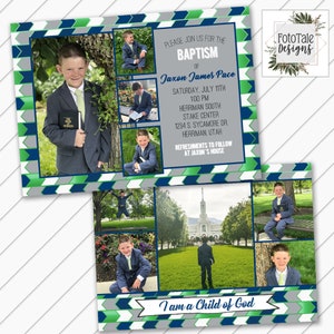 LDS Baptism Invitation - Navy, Green and Gray - 5x7 LDS Baptism Card Announcement Printable - Will Customize and Email within 24 hours