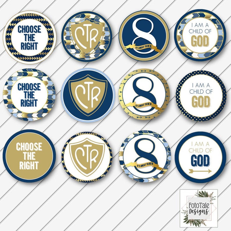 LDS Baptism Party Cupcake Toppers, Food Labels, Decorations, Digital Printable, Navy Blue and Gold Foil Instant Download-Can Customize image 1