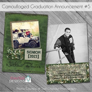 Anuncio de graduación de senior camuflado No. 5: plantillas de fotos personalizadas de 5x7 para fotógrafos en WHCC, Miller's Lab y PDPSpecs