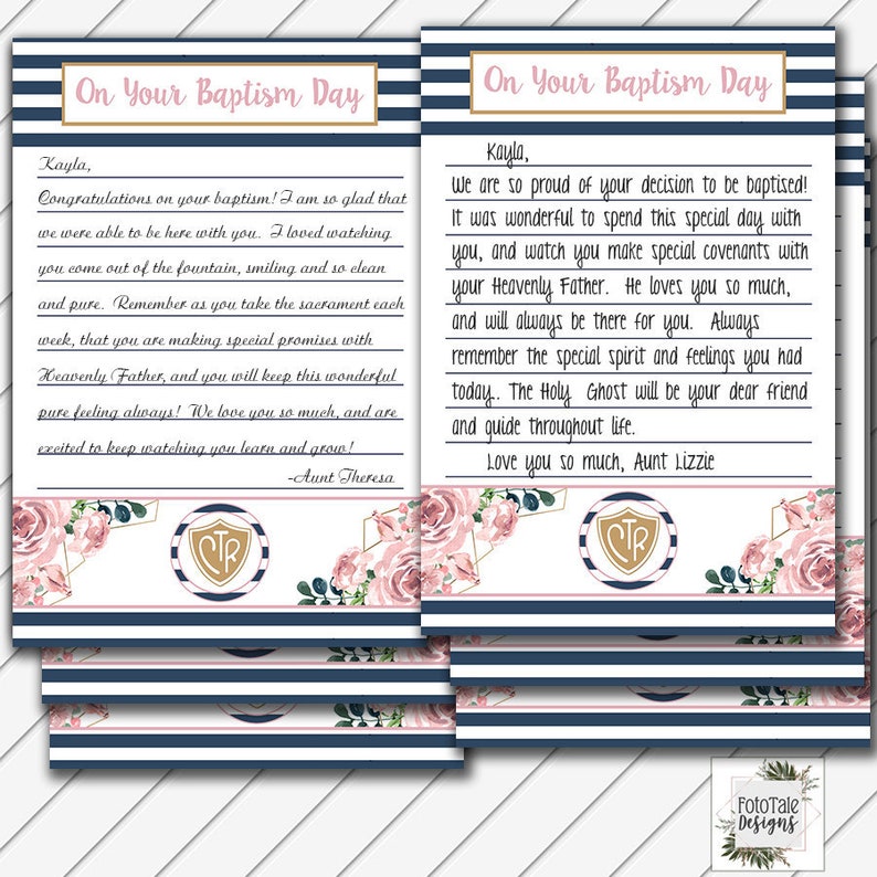 LDS Baptism Testimony Card, 5x7 and 4x6 Card, Digital Printable, Blush Navy and Gold Instant Download Can Customize image 1