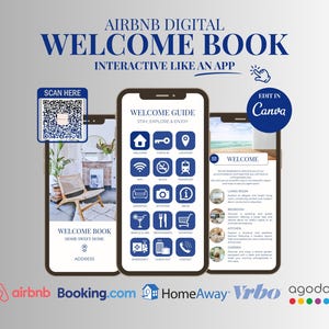 Puede incluir: Un libro de bienvenida digital de Airbnb que se muestra en tres teléfonos inteligentes. Las pantallas muestran una guía de bienvenida con iconos, un código QR y el texto "Welcome Book Home Sweet Home". La imagen incluye los logotipos de Airbnb, Booking.com, HomeAway, Vrbo y Agoda.