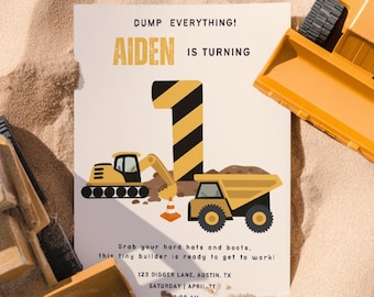 Invitación de cumpleaños de construcción para niños, invitación de primer cumpleaños de camión volquete, fiesta infantil de construcción, plantilla editable e imprimible
