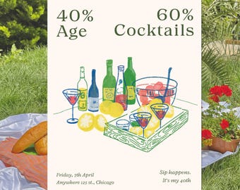 Funny 40th Birthday Invitation Template, Watercolor Style Bar Cocktail Party Invite, Modern Adult Birthday, Canva Template, Instant Download