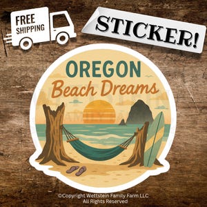 ビニール製デカールステッカー、海岸沿いのビーチのハンモックの夕日のイラスト、オレゴンのビーチの夢、サーフボード用ビーチサンダルのデカール、流木の切り株の装飾。