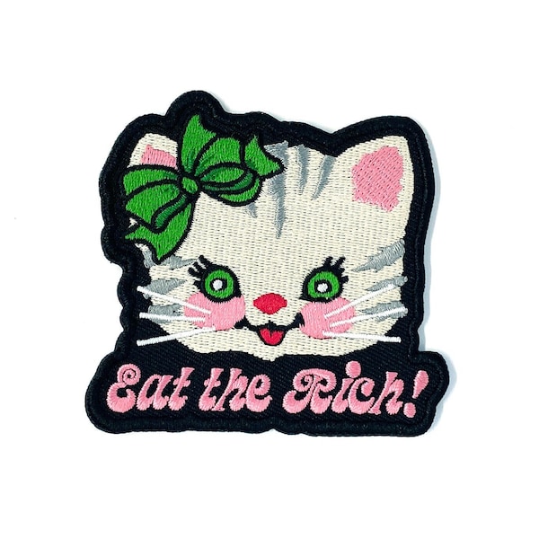 Cute Kitty Eat the Rich Patch - Eat the Rich Iron On Patch - Vintage Kitty Cat Patch - Anti-Capitalist Socialist Socialism Communist Patch