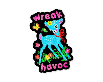 Cute Kitschy Deer Wreak Havoc Sticker - Retro Vintage Fawn Punk Glitter Sticker