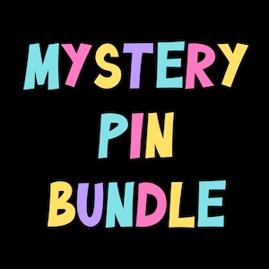 May include: The text MYSTERY PIN BUNDLE is displayed in a bold, sans-serif font against a solid black background. Each letter is colored in a repeating sequence of light blue, yellow, pink, and light purple, creating a vibrant, multi-colored effect.