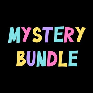 May include: The text MYSTERY BUNDLE is displayed in a bold, sans-serif font against a solid black background. Each letter features a different pastel color, alternating between light blue, soft pink, pale yellow, and light purple throughout.