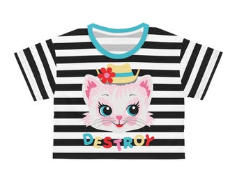 Destroy Kitty Cropped Striped Women's T-Shirt - Cute Retro Vintage Kitty Cat Punk Shirt