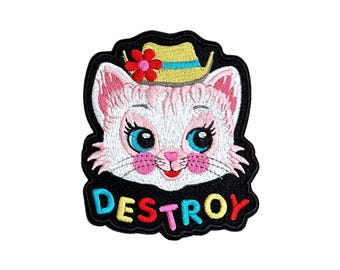 Cute Kitty Destroy Patch - Retro Cat Kitschy Punk Embroidered Iron-On Patch