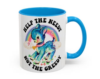 Cute Retro Help the Needy Not the Greedy Mug - Vintage Kitschy Deer Coffee Cup