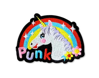 Punk Unicorn Patch - Cute Retro Rainbow Embroidered Iron-On Patch Battle Jacket Kitsch Core Kindercore Kidcore Bright Bold Fun