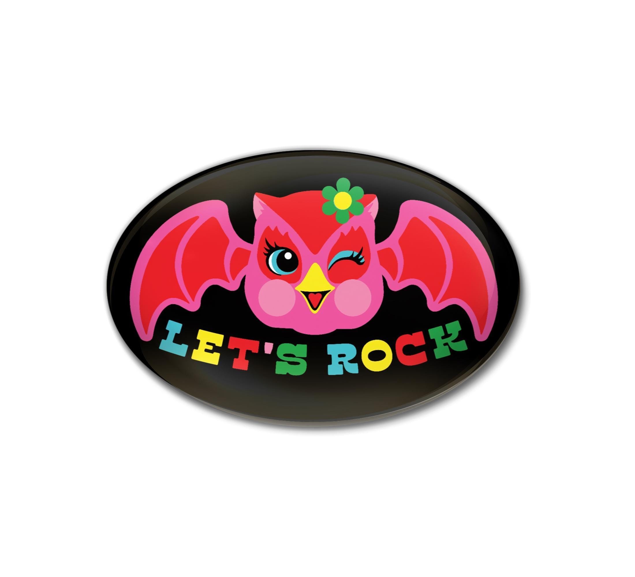 Let's Rock Owl Pin - Cute Retro Owl Button - Kitschy Vintage Owl Lapel Pin - Halloween Bat Wings