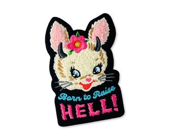 Cute Bunny Born to Raise Hell Patch - Retro Punk Embroidered Fuzzy Chenille Iron-on Patch