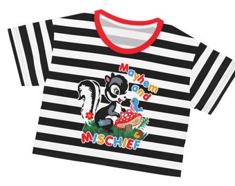 Cute Retro Mayhem and Mischief Punk Skunk Cropped Striped Tee