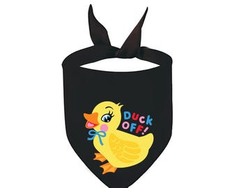 May include: Black pet bandana with a yellow cartoon duck graphic and the words "DUCK OFF!" in blue, pink, and green. The duck has a blue bow and orange feet. The bandana is tied at the top.