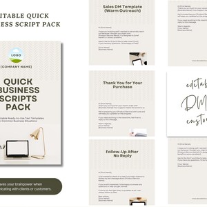 K&ouml;nnte beinhalten: Ein wei&szlig;es Business-Script-Paket mit dem Text "EDITABLE QUICK BUSINESS SCRIPT PACK" und "QUICK BUSINESS SCRIPTS PACK". Das Paket enth&auml;lt Vorlagen f&uuml;r Verk&auml;ufe, Dankesschreiben und Follow-up-Nachrichten. Ein Laptop, eine Schreibtischlampe und eine Pflanze sind ebenfalls sichtbar.
