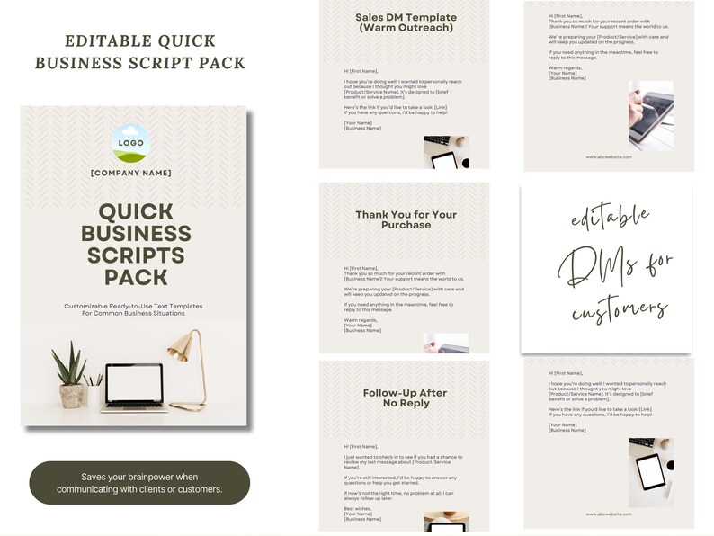 K&ouml;nnte beinhalten: Ein wei&szlig;es Business-Script-Paket mit dem Text "EDITABLE QUICK BUSINESS SCRIPT PACK" und "QUICK BUSINESS SCRIPTS PACK". Das Paket enth&auml;lt Vorlagen f&uuml;r Verk&auml;ufe, Dankesschreiben und Follow-up-Nachrichten. Ein Laptop, eine Schreibtischlampe und eine Pflanze sind ebenfalls sichtbar.