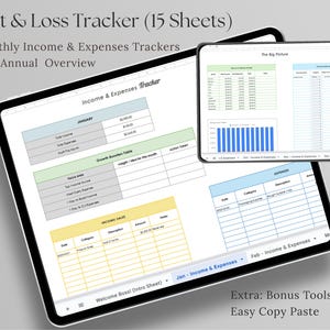K&ouml;nnte beinhalten: Ein digitaler Gewinn- und Verlust-Tracker, der auf einem Tablet angezeigt wird. Der Bildschirm zeigt verschiedene Tabellenkalkulationen mit Finanzdaten, einschlie&szlig;lich Einnahmen, Ausgaben und monatlichen &Uuml;bersichten. Der Text auf dem Bildschirm lautet "Profit & Loss Tracker", "Income & Expenses Tracker" und "Bonus Tools Sheet."