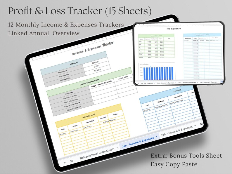 K&ouml;nnte beinhalten: Ein digitaler Gewinn- und Verlust-Tracker, der auf einem Tablet angezeigt wird. Der Bildschirm zeigt verschiedene Tabellenkalkulationen mit Finanzdaten, einschlie&szlig;lich Einnahmen, Ausgaben und monatlichen &Uuml;bersichten. Der Text auf dem Bildschirm lautet "Profit & Loss Tracker", "Income & Expenses Tracker" und "Bonus Tools Sheet."