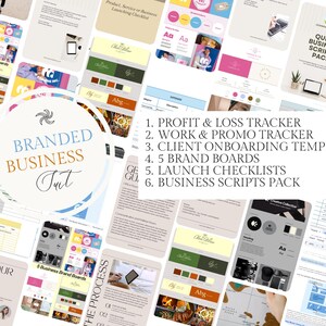 K&ouml;nnte beinhalten: Eine Sammlung von Gesch&auml;ftsvorlagen und -leitf&auml;den, darunter Gewinn- und Verlustrechner, Markenboards und Start-Checklisten. Das Design zeigt eine Vielzahl von Layouts mit farbigen Akzenten und dem Text "Branded Business Tut".