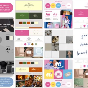 K&ouml;nnte beinhalten: Eine Sammlung von Markenboards f&uuml;r verschiedene Branchen. Das Bild zeigt Beispiele f&uuml;r Markenfarbpaletten, Logos und Styleguides. Der Text enth&auml;lt "5 Business Brand Boards for Every Business Industry" und "game changing brand boards."