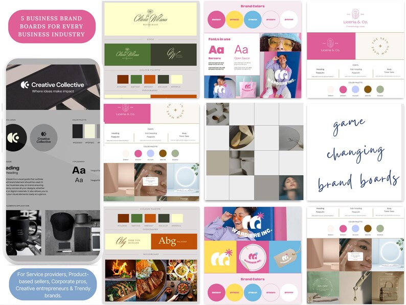 K&ouml;nnte beinhalten: Eine Sammlung von Markenboards f&uuml;r verschiedene Branchen. Das Bild zeigt Beispiele f&uuml;r Markenfarbpaletten, Logos und Styleguides. Der Text enth&auml;lt "5 Business Brand Boards for Every Business Industry" und "game changing brand boards."
