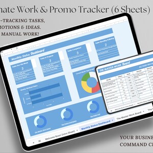 K&ouml;nnte beinhalten: Zwei Tablets zeigen einen digitalen Arbeits- und Promo-Tracker. Das gr&ouml;&szlig;ere Tablet zeigt ein monatliches Status-Dashboard mit Diagrammen und Daten. Das kleinere Tablet zeigt eine Aufgabenliste. Text enth&auml;lt "Ultimate Work & Promo Tracker" und "Your Business Command Center."