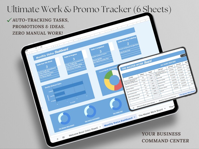 K&ouml;nnte beinhalten: Zwei Tablets zeigen einen digitalen Arbeits- und Promo-Tracker. Das gr&ouml;&szlig;ere Tablet zeigt ein monatliches Status-Dashboard mit Diagrammen und Daten. Das kleinere Tablet zeigt eine Aufgabenliste. Text enth&auml;lt "Ultimate Work & Promo Tracker" und "Your Business Command Center."