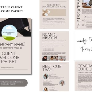K&ouml;nnte beinhalten: Eine Sammlung bearbeitbarer Vorlagen f&uuml;r Client-Willkommenspakete. Das Design verf&uuml;gt &uuml;ber eine neutrale Farbpalette mit Text wie &bdquo;Willkommen bei Ihrem Firmennamen&ldquo;, &bdquo;Markenmission&ldquo; und &bdquo;Unser Team kennenlernen&ldquo;. Der Satz &bdquo;Gebrauchsfertige Vorlage&ldquo; ist ebenfalls sichtbar.