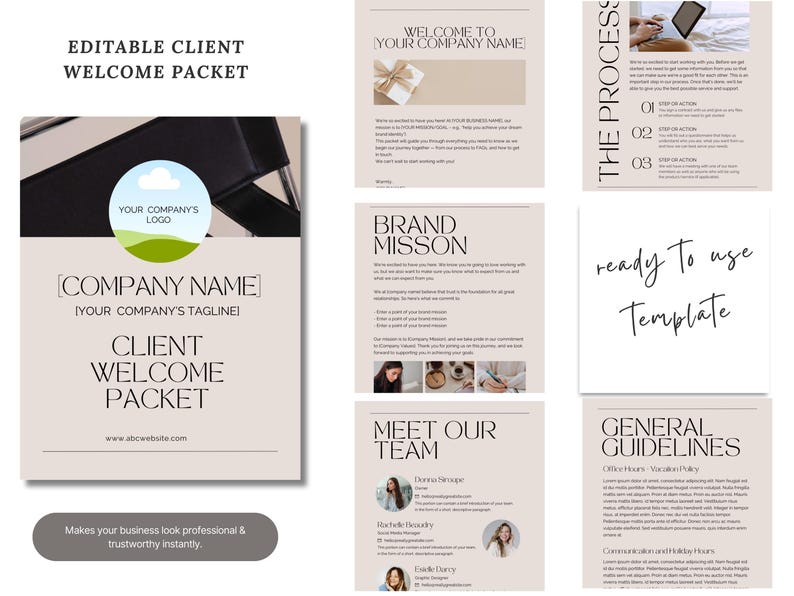 K&ouml;nnte beinhalten: Eine Sammlung bearbeitbarer Vorlagen f&uuml;r Client-Willkommenspakete. Das Design verf&uuml;gt &uuml;ber eine neutrale Farbpalette mit Text wie &bdquo;Willkommen bei Ihrem Firmennamen&ldquo;, &bdquo;Markenmission&ldquo; und &bdquo;Unser Team kennenlernen&ldquo;. Der Satz &bdquo;Gebrauchsfertige Vorlage&ldquo; ist ebenfalls sichtbar.