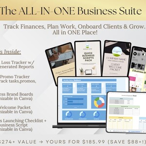 K&ouml;nnte beinhalten: Werbung f&uuml;r "The ALL-IN-ONE Business Suite" mit dem Text "Track Finances, Plan Work, Onboard Clients & Grow. All in ONE Place!" Das Bild zeigt einen Laptop und mehrere Tablets mit Gesch&auml;ftsvorlagen und -ressourcen. Enth&auml;lt einen Gewinn- und Verlust-Tracker, Markenboards und ein Kunden-Willkommenspaket.