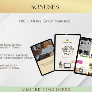 K&ouml;nnte beinhalten: Werbebild f&uuml;r Gesch&auml;ftsressourcen, darunter Markenboards, Checklisten und Skripte, alle anpassbar in Canva. Das Bild zeigt drei Tablets, die die Ressourcen anzeigen, mit Text, der das Bild &uuml;berlagert und "BONUS" und "HEUTE GRATIS: 47 $ in Boni!" anzeigt.