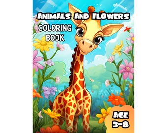 Könnte beinhalten: Ein Malbuch mit einer Cartoon-Giraffe, umgeben von bunten Blumen. Der Buchumschlag trägt den Titel "Animals and Flowers Coloring Book" und den Text "Age 3-8".