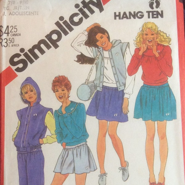 Vintage Sewing Pattern Young Junior Teen Hang Ten Skirt Hooded Vest Yoked Top Duffle Bag Yoked Pants Shorts Size 7-10 Uncut 1982