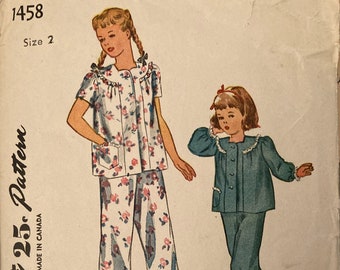 Vintage 1940s Girls’ Two Piece Pyjamas Pattern Size 2 Sweetheart Neckline 1945 Simplicity 1458 Children’s Sleepwear