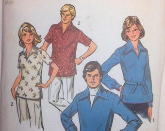 Vintage Sewing Pattern 1974 Pullover Top Pointed Collar Men's  Size 38-40 Long or Short Sleeves Uncut
