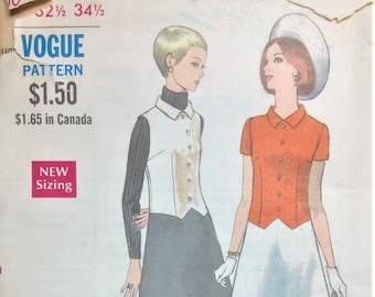 Vintage Vogue 1960's Sewing Pattern One Piece A-line Dress Jumper Contrast Bodice Size 10 Button Trim Bias Collar