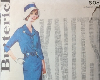 Vintage Sewing Pattern 1960s knit Fabric Shirt Dress Mad Men Era Size 12 Bloused Bodice Squared Armhole Butterick 2557