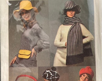 Vintage Sewing Pattern 1960s Accessories Purses Bags and Scarves Hat Mini-Bag Shoulder Bag Beret Knitted Beret and Scarf One Size 1969