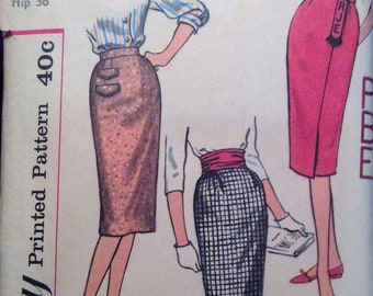 Vintage Sewing Pattern Misses Slim  Skirts 1959 Waist 26" Monogram Tab Kick Pleats Back Vents Zipper