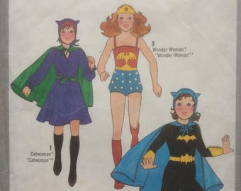 Catwoman Wonderwoman Batgirl Vintage Girls' Costume Sewing Pattern Cape Hat Dress Belt Superhero 1978 DC Comics