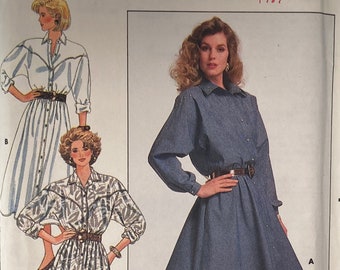 Vintage Sewing Pattern David Warren Misses Western Dress Yoked Blouson Bodice Flared Skirt Front Buttons 1987 Size 14-18 Uncut FF