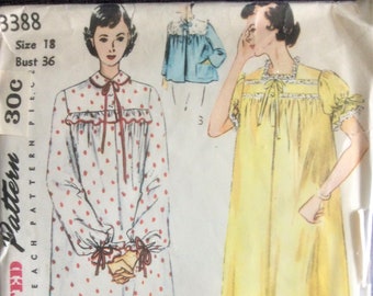 Vintage Sewing Pattern Nightgown Negligee Miss Size 18 Bed Jacket 1950 Lingerie Loungewear 1950's Fashion  Nightie