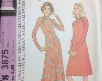 Vintage Sewing Pattern 1972 Stretch Knit A-Line Dress Raglan Sleeves Shoulder Darts Two Lengths Back Zipper Miss Size 12